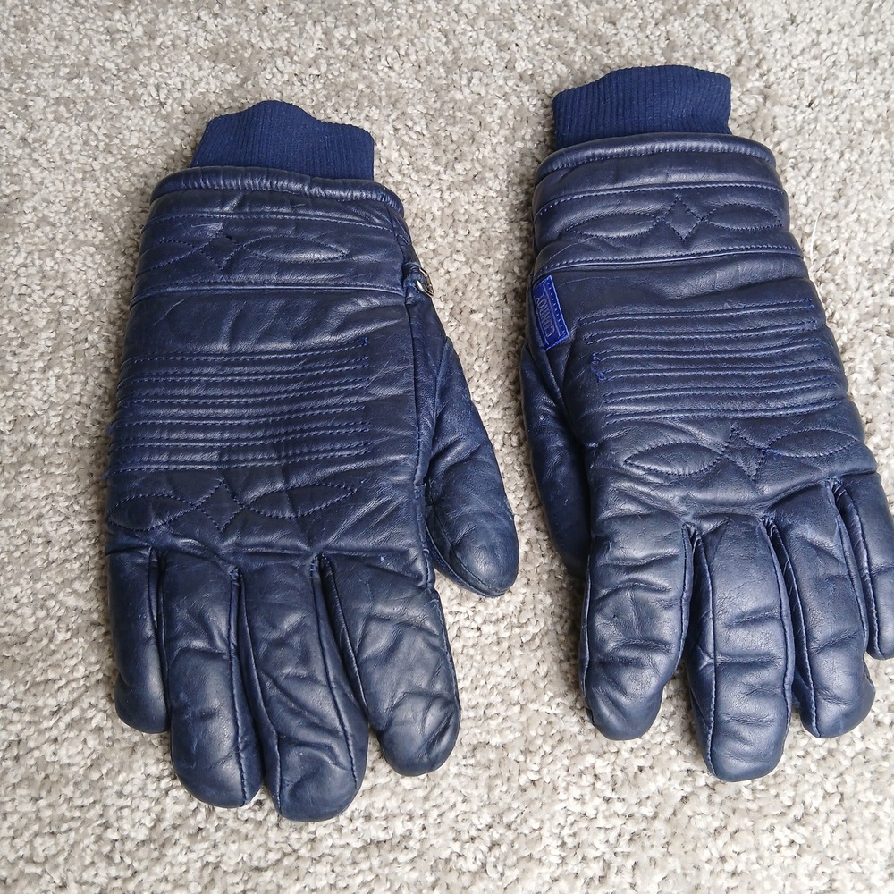 Vintage‎ Conroy Navy Blue Leather Ski Gloves Padded Quilted Winter Sport Mens